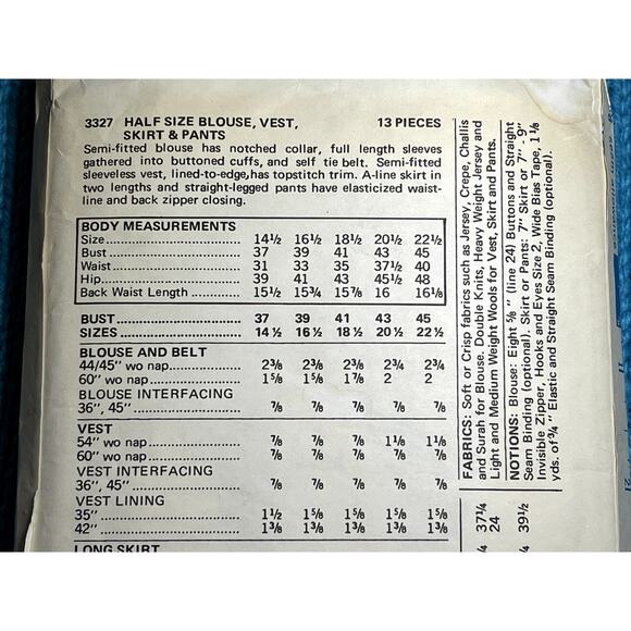 Butterick 3327 pattern pants blouse vest maxi skirt Size 18.5 - Picture 4 of 5